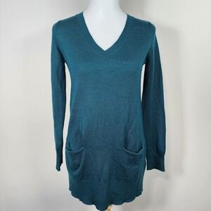 H&M Long Sweater Womens XS Teal Wool Blend Lightweight Knit Pockets V Neck Dress